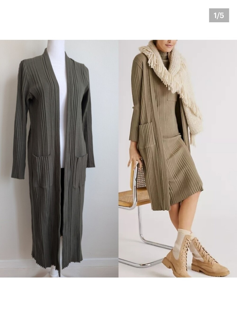 Stateside Organic Cotton Chunky Rib Knit Open Front Duster Cardigan Olive Green